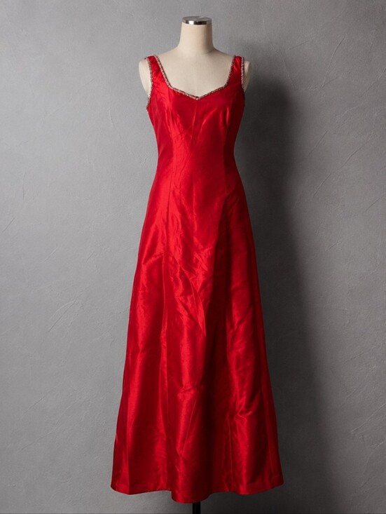 No Brand Dresses & Skirts - Vintage Red Satin-Like Formal Evening Gown Maxi Dress Beaded Trim Sleeveless